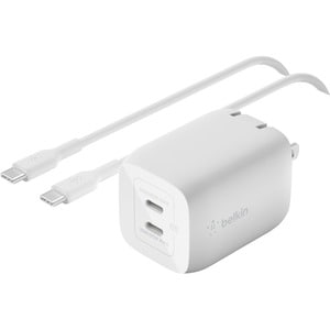 Belkin 65W Portable Dual Port GaN Wall Charger - 2xUSB-C (65W Total) - w/ USB-C to USB-C Cable - Fast Charging - Power Ada