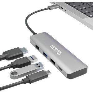 Plugable USB C Hub Multiport Adapter, 4 in 1, 100W Pass Through Charging USB C to HDMI 4K 60Hz - Multi USB Port Hub for Wi