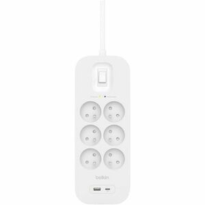 Belkin Connect Surge Suppressor/Protector - White - 6 x AC Power, 1 x USB Type A, 1 x USB Type C - 650 J - 2 m - Keyhole/U