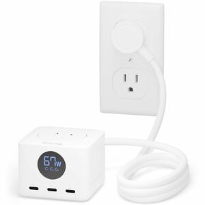 Plugable 67W USB C Power Strip, USBC Charging Station Extension Cord with Multiple Outlets - Flat Wall Plug and Watt Meter