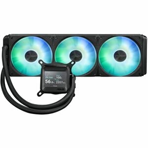 ASUS Prime LC ARGB LCD all-in-one CPU liquid cooler with sharp screen showcasing CPU & GPU information with different back