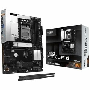 Placa base de escritorio para juegos ASRock B850 Rock WiFi 7 - AMD B850 Conjunto de Circuitos Integrados - Zócalo AM5 - ATX - Ryzen 7, Ryzen 9 Compatibilidad con procesador - 256GB DDR5 SDRAM Maximum RAM - DIMM, UDIMM - 4 x Ranuras de Memoria - Gigabit Ethernet - 2.5Gigabit Ethernet - IEEE 802.11 a/b/g/n/ac/ax/be - HDMI