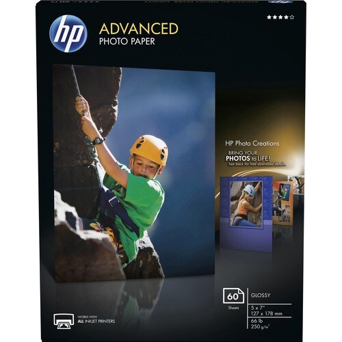 HP Advanced Glossy Photo Paper - 5" (127 mm) x 7" (177.80 mm) - 66 lb (29937.10 g) Basis Weight - Glossy - White - 60 / Pack
