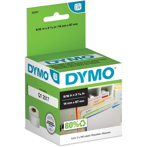 Dymo 30327 Labelwriter File Folder Labels - "9/16" x 3 7/16" Length - Direct Thermal - White - 130 / Roll - 260 / Box