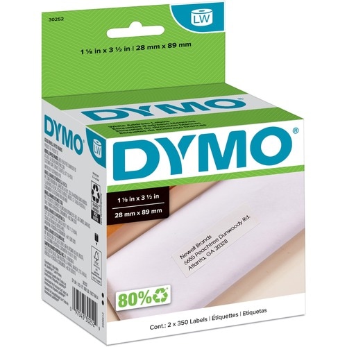 Dymo LabelWriter Address Labels - 1 1/8" x 3 1/2" Length - White - Paper - 350 / Roll - 1 / Box - Self-adhesive