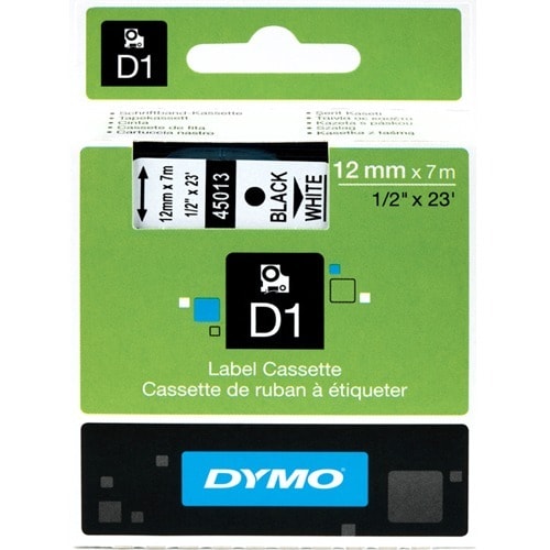 Dymo 45013 Standard D1 Labelling Tape - 12 mm Width - Permanent Adhesive - Rectangle - Thermal Transfer - Glossy - White, 