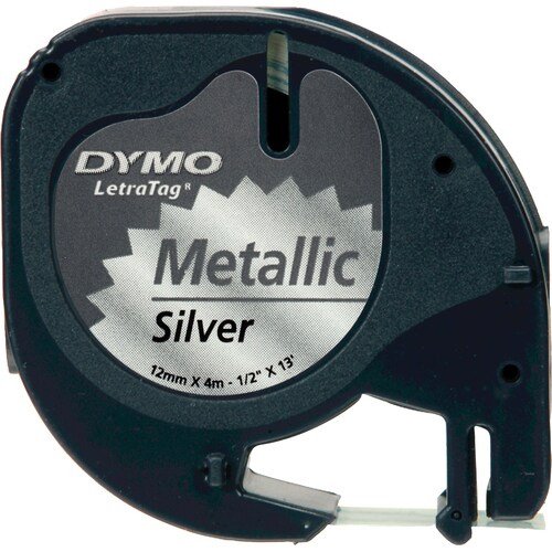 Dymo Label Tape - 12 mm Width x 4 m Length - Rectangle - Metal Silver - Precut, Tear Resistant, Durable