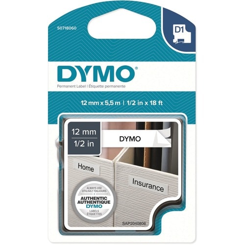 Dymo Label Tape - 12 mm Width x 5.50 m Length - Permanent Adhesive - Rectangle - Polyester