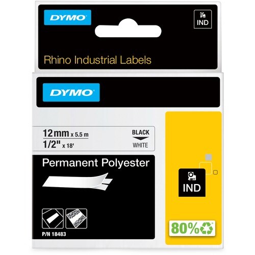 Dymo Rhino Permanent Poly Labels - 1/2" Width - Permanent Adhesive - Thermal Transfer - White, Black - Polyester - 1 Each 
