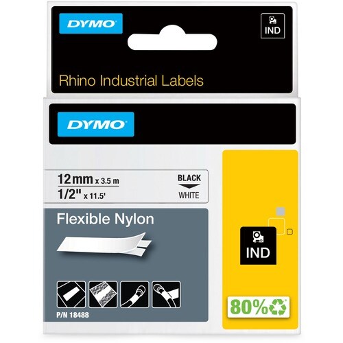 Dymo Rhino Flexible Nylon Labels - 1/2" x 11 1/2 ft Length - Thermal Transfer - White, Black - Nylon - 1 Each - Temperatur