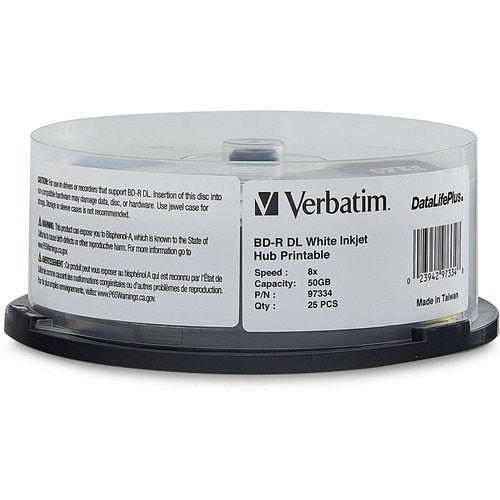 Verbatim BD-R DL 50GB 8X, White Label, DataLife+, White InkJet Hub Printable, 25PK Spindle - 50GB - 120mm Standard - 25 Pa