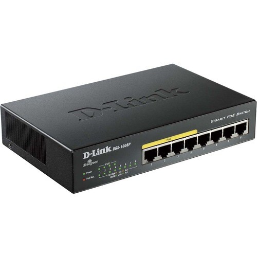 Conmutador Ethernet D-Link  DGS-1008P 8 - Gigabit Ethernet - 10/100/1000Base-T - 2 Capa compatible - Par trenzado - PoE Po