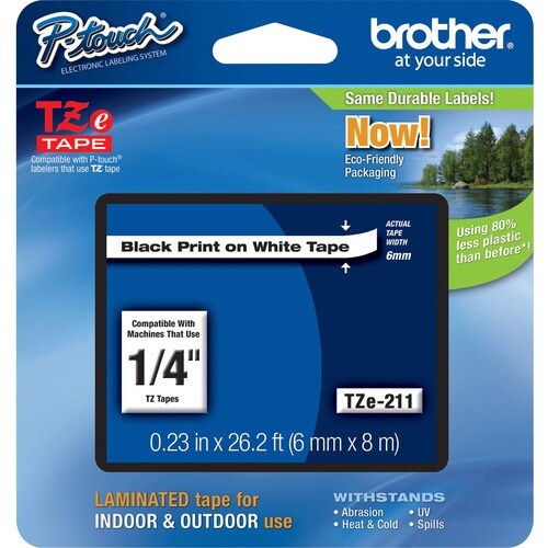 Brother P-touch TZE211 Label Tape - 6.35 mm Width - Black, White - Laminated - Grease Resistant, Grime Resistant - 1 Each