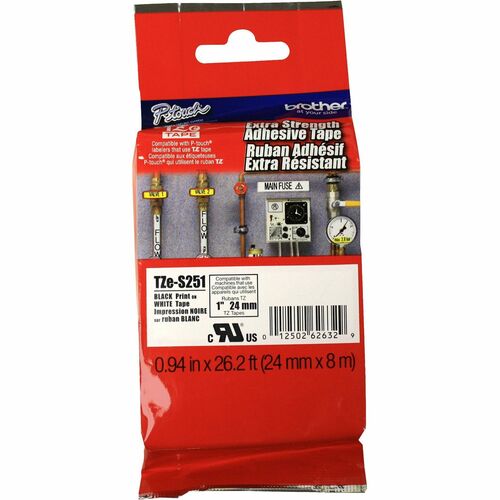 Brother TZe Extra-Strength Adhesive Tape - x 25.40 mm Width - Thermal Transfer - Black, White - Polyethylene - Laminated