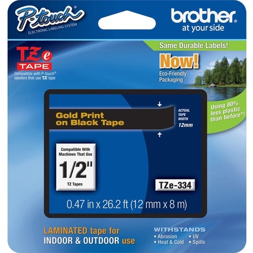 Brother TZE334 Label Tape - 12.70 mm Width - Gold, Black - 1 Each - Grease Resistant, Grime Resistant