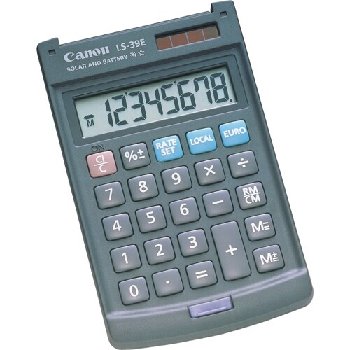 Canon LS-39E Simple Calculator - 8 Digits - LCD - Battery/Solar Powered - 8 mm x 70 mm x 116 mm - Dark Grey