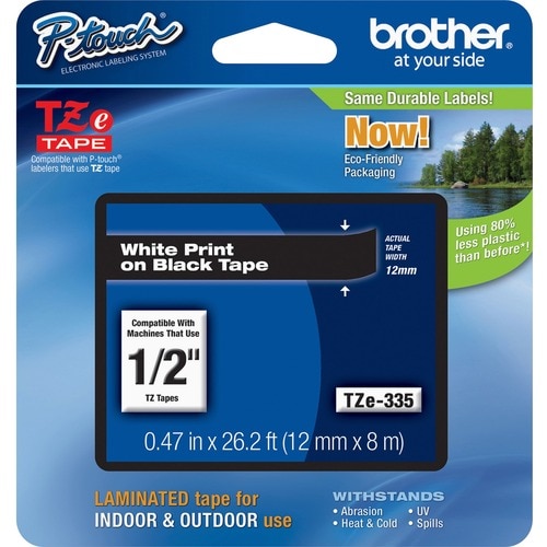 P-touch TZE335 Label Tape - 11.94 mm Width - Rectangle - Black - Laminated - Grease Resistant, Grime Resistant - 1 Each
