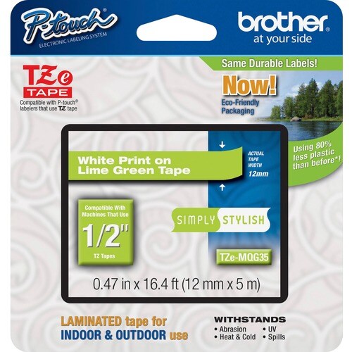 Brother TZe-MQG35 Label Tape - 12 mm x 5 m Length - Rectangle - Direct Thermal, Thermal Transfer - Lime Green