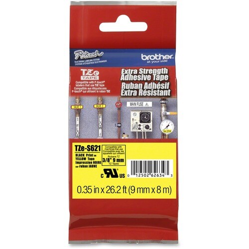 Brother TZes621 Label Tape - 8.89 mm Width x 8 m Length - Permanent Adhesive - Thermal Transfer - Yellow - 1 Each