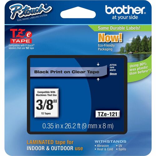 P-touch TZE121 Label Tape - 9.53 mm Width - Clear, Black - Grease Resistant, Grime Resistant - 1 Each