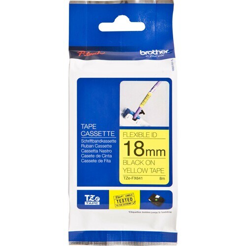Brother TZe-FX641 Wire & Cable Label - 18 mm Width x 8 m Length - Thermal Transfer - Yellow - Plastic - Laminated - 1 Roll