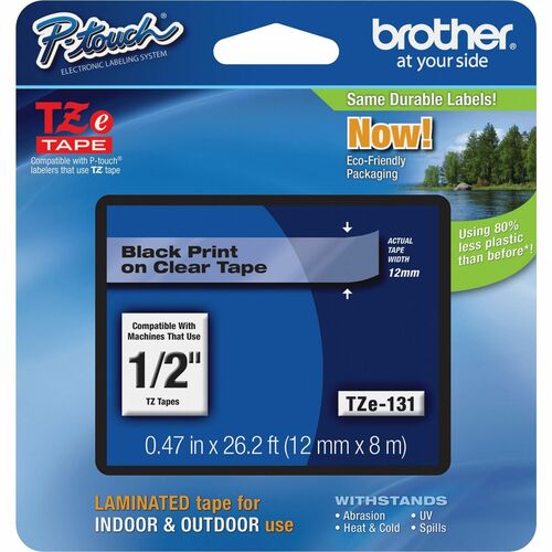 P-touch TZE131 Label Tape - 12.70 mm Width - Clear, Black - Grease Resistant, Grime Resistant - 1 Each