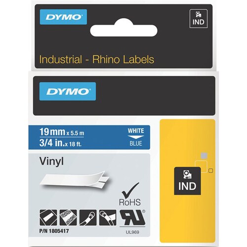 Dymo White on Blue Color Coded Label - 3/4" Width - Permanent Adhesive - Thermal Transfer - Blue - Vinyl - Self-adhesive, 