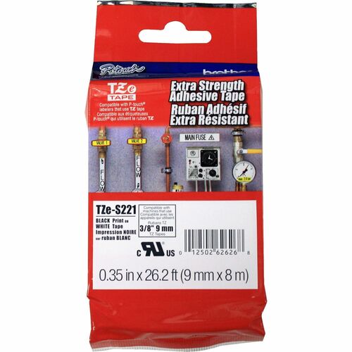 P-touch TZES221 Label Tape - 9.53 mm Width - White - Polyethylene - Laminated - Temperature Resistant, Abrasion Resistant,