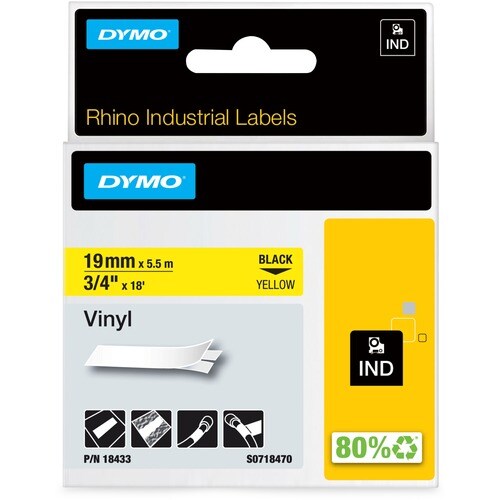 Dymo RhinoPRO 18433 Label Tape - 19 mm Width - Rectangle - Black, Yellow - Vinyl - Abrasion Resistant, Temperature Resista