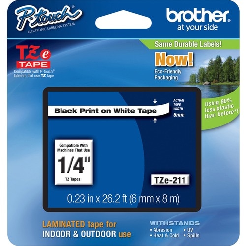 P-touch TZE211 Label Tape - 6.35 mm Width - Black, White - Laminated - Grease Resistant, Grime Resistant - 1 Each