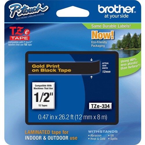 Brother P-touch TZE334 Label Tape - 12.70 mm Width - Gold, Black - Laminated - 1 Each