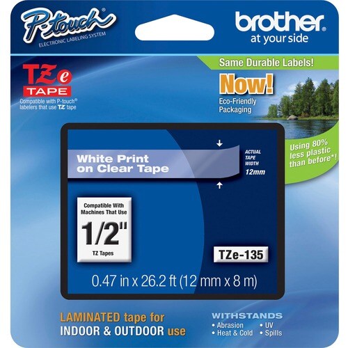 Brother P-touch TZE135 Label Tape - 12.70 mm Width - White, Clear - Laminated - Grease Resistant, Grime Resistant - 1 Each