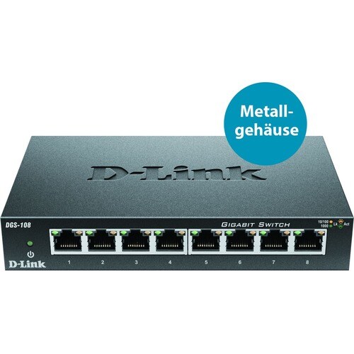 D-Link DGS-108, 8-Port Layer 2 unmanaged Gigabit Switch (8 x 10/100/1000 Mbit/s BaseT Port, Plug & Play, lüfterlos, Metall