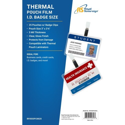 Royal Sovereign laminating pouch film - ID Badge Size 2-9/16" x 3-3/4" 5 mil - 25 pack - Royal Sovereign-ID Badge Size w/ 