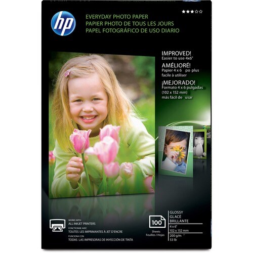 HP Everyday Inkjet Photo Paper - White - 4" x 6" - 53 lb Basis Weight - Glossy - 100 / Pack - Design for the Environment (