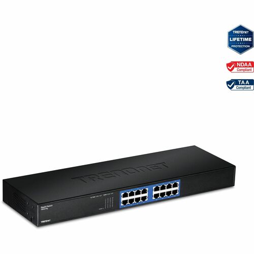 TRENDnet TEG-S16g 16 Ports Ethernet Switch - Gigabit Ethernet, Fast Ethernet - 10/100/1000Base-T - New - Black - TAA Compl