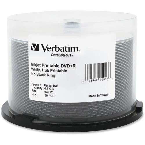 Verbatim DataLifePlus DVD Recordable Media - DVD+R - 16x - 4.70 GB - 50 / Pack - Retail - White - 120mm - Printable - 2 Ho