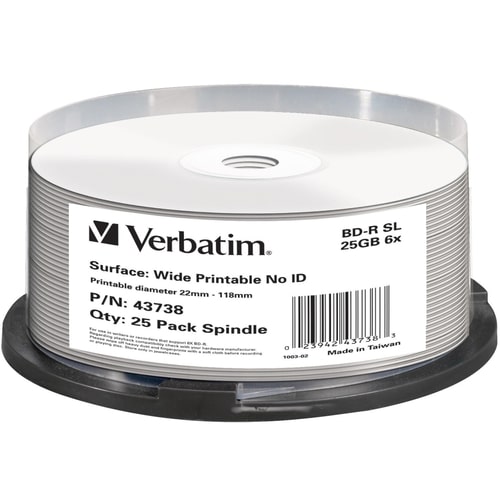 Verbatim 43738 Blu-ray Recordable Media - BD-R - 6x - 25 GB - 25 - White - 120mm - Printable - Inkjet Print Technology