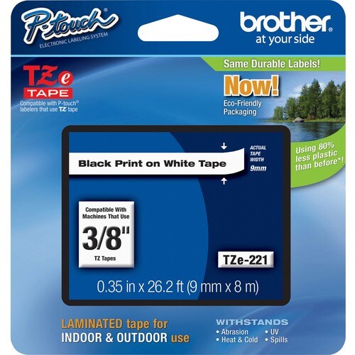 Brother P-touch TZE221 Label Tape - 9.53 mm Width - Rectangle - White - 1 Each - Grease Resistant, Grime Resistant