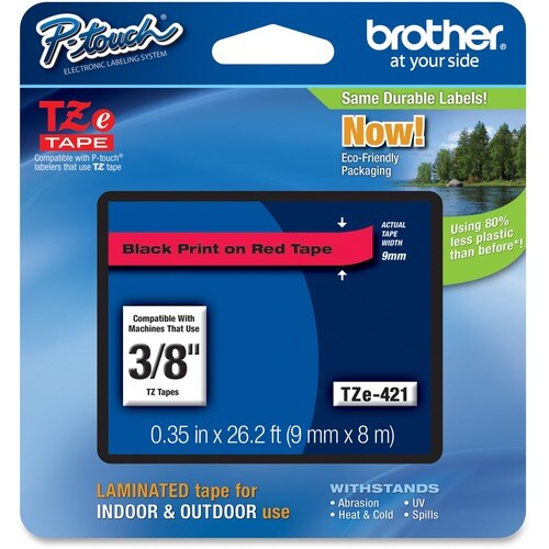 Brother P-touch TZe421 Label Tape - 8.89 mm Width - Rectangle - Thermal Transfer - Black, Red - 1 Each - Cold Resistant, C