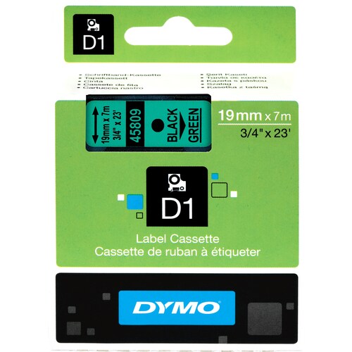 Etikettenband Dymo - 19 mm Breite x 7 m Länge - Rechteck - Thermotransfer - Schwarz, Grün - Rückstandslos, Ölbeständig, Fe