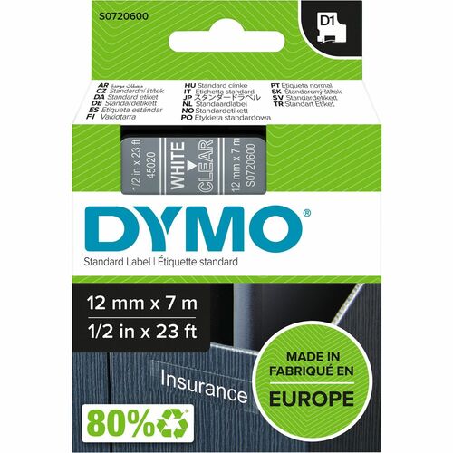 Mehrzwecketikett Dymo 45020 - 12 mm Breite - Rechteck - Thermotransfer - Glänzend - Transparent, Weiß - 1 Each