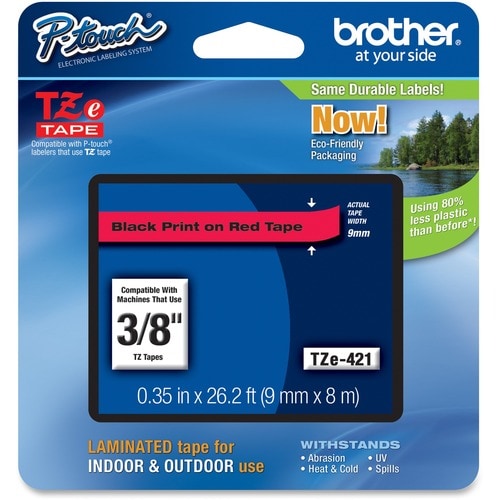 Brother P-touch TZe421 Label Tape - 8.89 mm Width - Rectangle - Thermal Transfer - Black, Red - Laminated - 1 Each