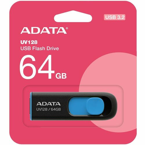 Adata DashDrive UV128 - 64 GB - USB 3.2 (Gen 1) - 100 MB/s Read Speed - Black, Blue - Lifetime Warranty