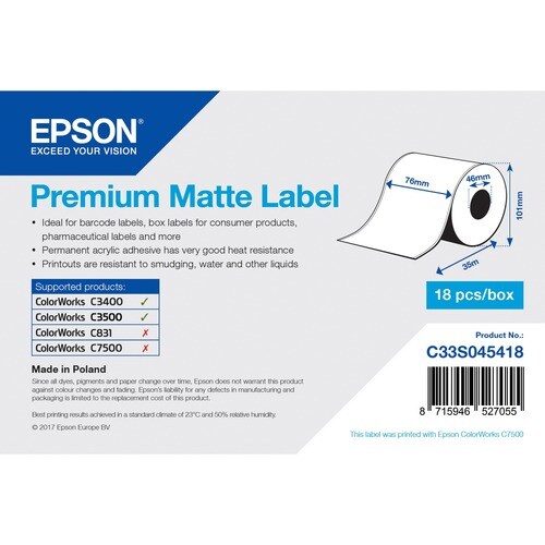 Mehrzwecketikett Epson Premium - 76 mm Breite x 35 m Länge - Permanent Kleber - Rechteck - Tintenstrahl - Hochweiß - Papie