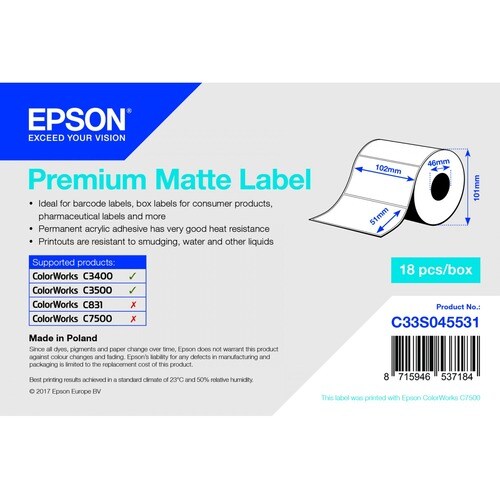 Mehrzwecketikett Epson Premium - 102 mm Breite x 51 mm Länge - Permanent Kleber - Rechteck - Tintenstrahl - Hochweiß - Pap