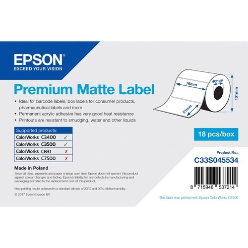 Epson Premium Rótulo de deslocamento - 76 mm Width x 51 mm Comprimento - Permanente Adesivo - Retângulo - Jato de tinta - 