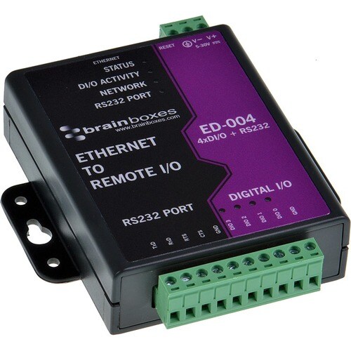 Brainboxes - Ethernet to 4 Digital IO and RS232 Serial Port - 1 x Network (RJ-45) - 1 x Serial Port - Fast Ethernet - Rail