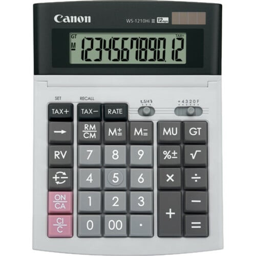 Canon WS-1210HI III Simple Calculator - Dual Power, Angled Display, Tilt Display, Adjustable Display, Auto Power Off, Sign