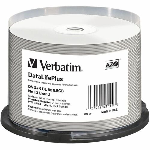 Verbatim DataLifePlus 43754 DVD Recordable Media - DVD+R DL - 8x - 8.50 GB - 50 - 120mm - Printable - Thermal Print Techno